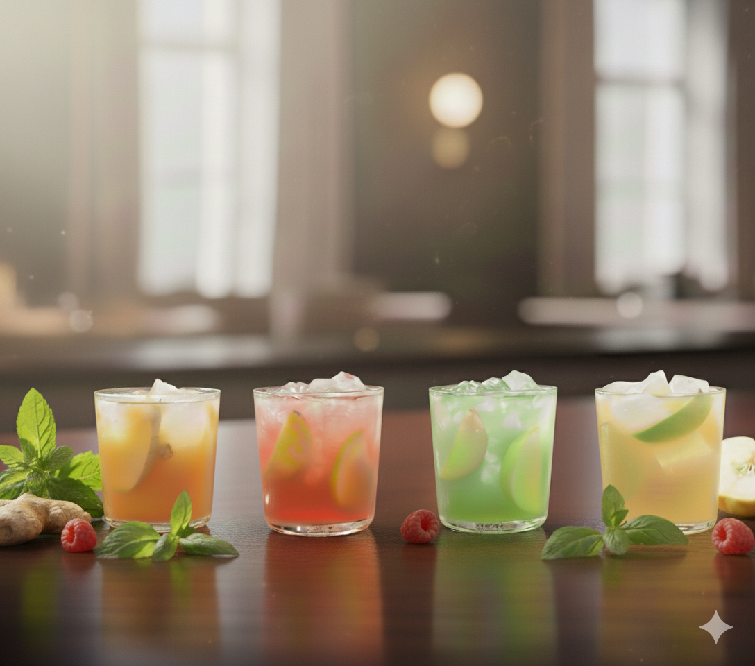 Quatre cocktails colorés sur un bar